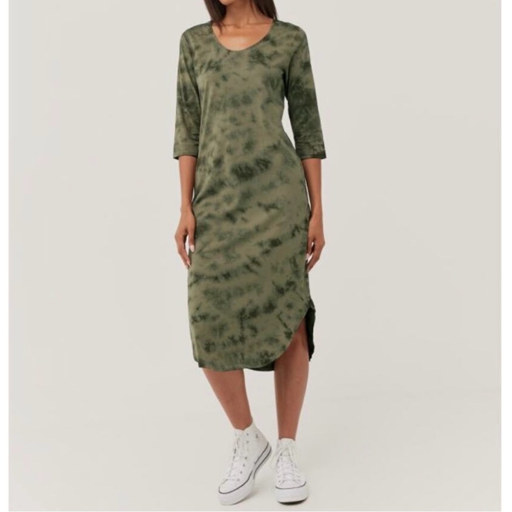 Pact Far Out Tie Dye Midi Dress Side Slit Scoop‎ Neck 3/4 Sleeves Green Small